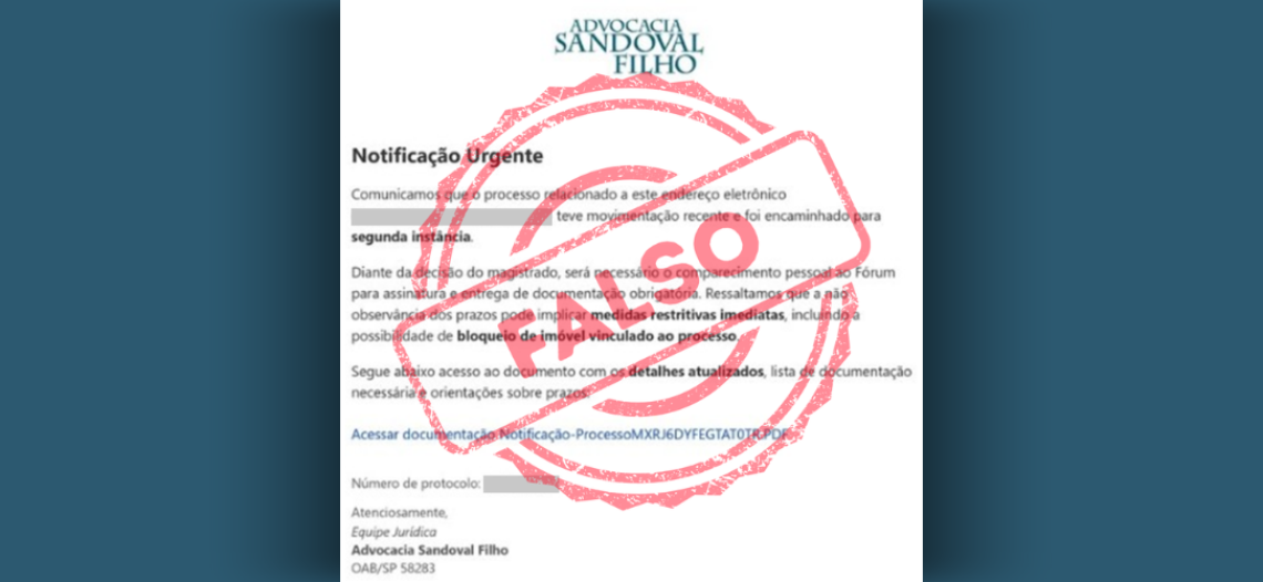 Atenção cliente: golpistas usaram e-mail falso para se passar pela Advocacia Sandoval Filho nesta quarta, dia 3/9