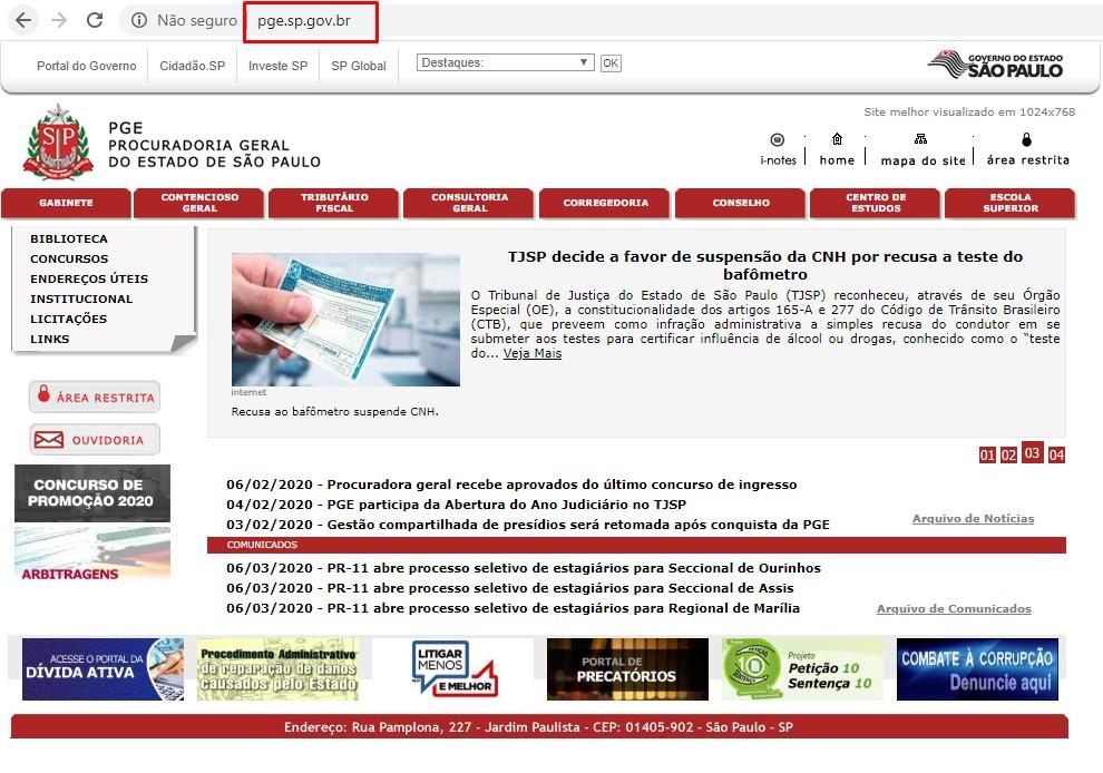 Acessar o site da Procuradoria Geral do Estado (clique no slide para abrir o site da PGE): 