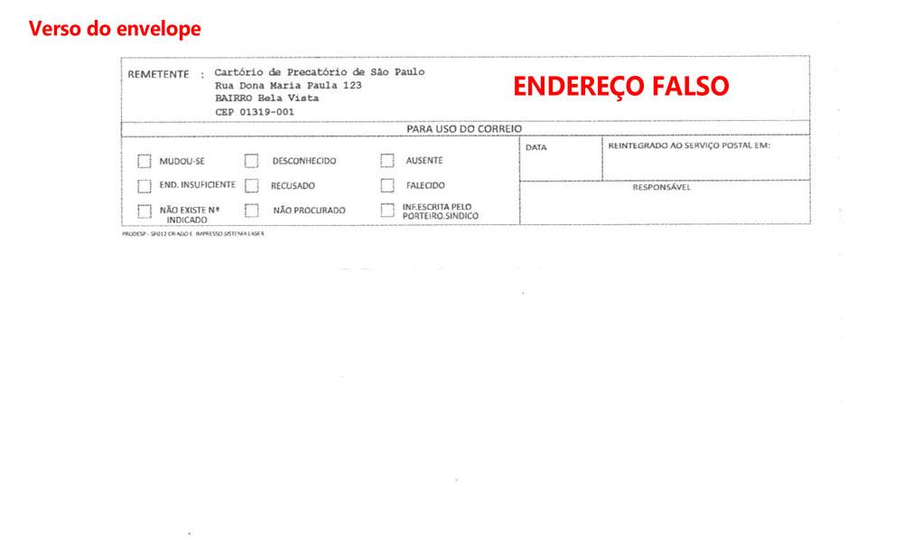 Verso do envelope. Nenhum cartório opera em tal endereço.